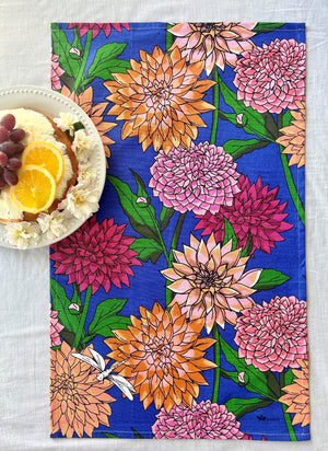 Colourful Cotton Tea Towels With Flower Print - Dahlias