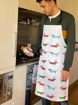 Colourful dachshunds apron - best christmas or festive gifts for family or dog owners