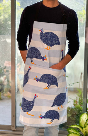 Guinea fowl cotton apron with front pockets