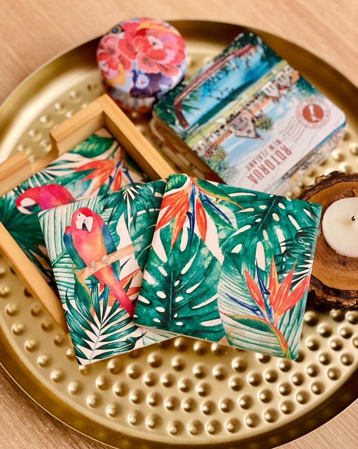 Tropical Birds Ceramic Coasters with Stand