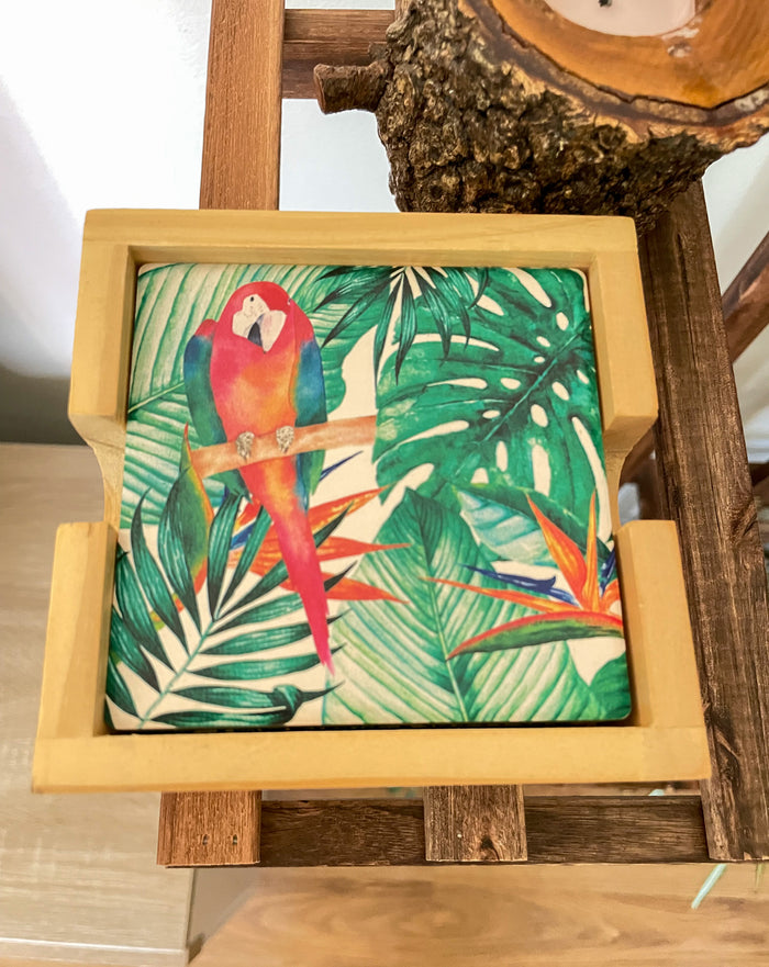 Tropical Birds Ceramic Coasters with Stand