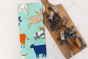 Colourful cow print home accessories - nature themed tea towels